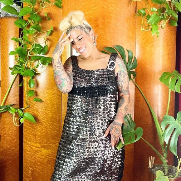 RUSSELL OF CALIFORNIA 60’s 60s Vintage Sequined Mini Shift Mod Cocktail Dress M - Picture 10 of 12